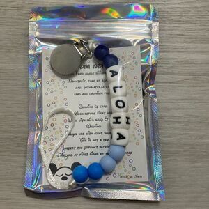 NEW- ALOHA- bead letters- pacifier clip. Blue